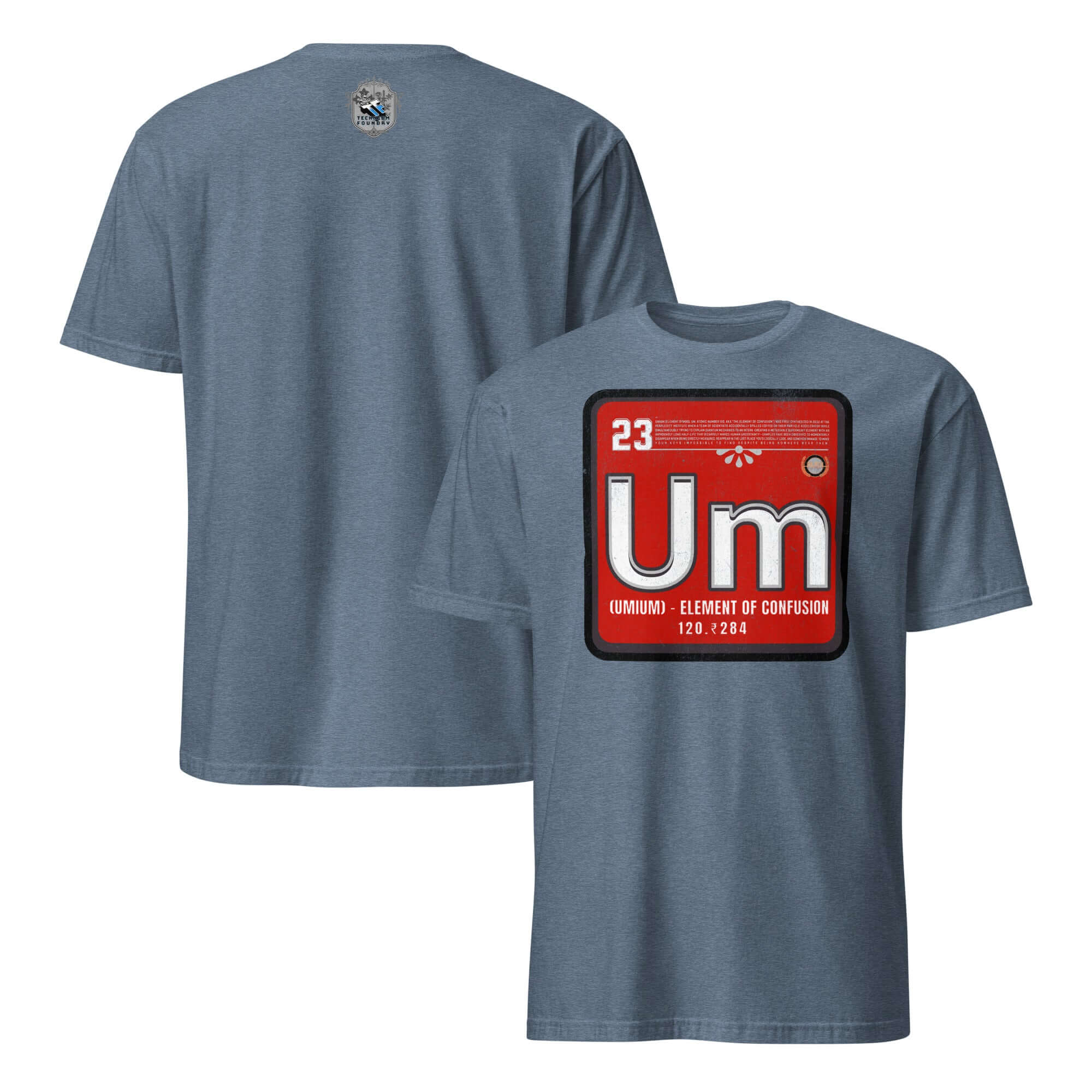 Umium Element T-Shirt with Periodic Table design on gray fabric for science enthusiasts.