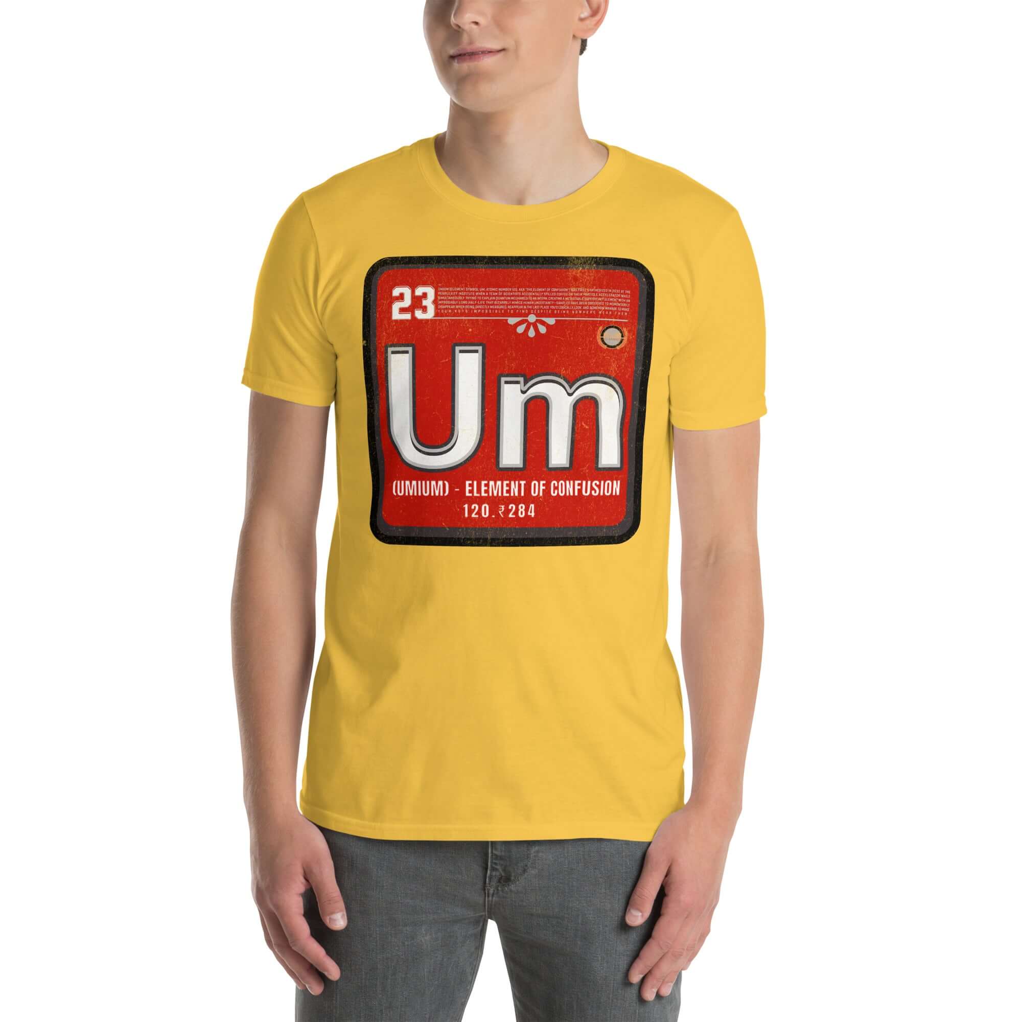 Person wearing a yellow t-shirt with 'Umium' periodic table element design, symbol 'Um', representing the element of confusion.
