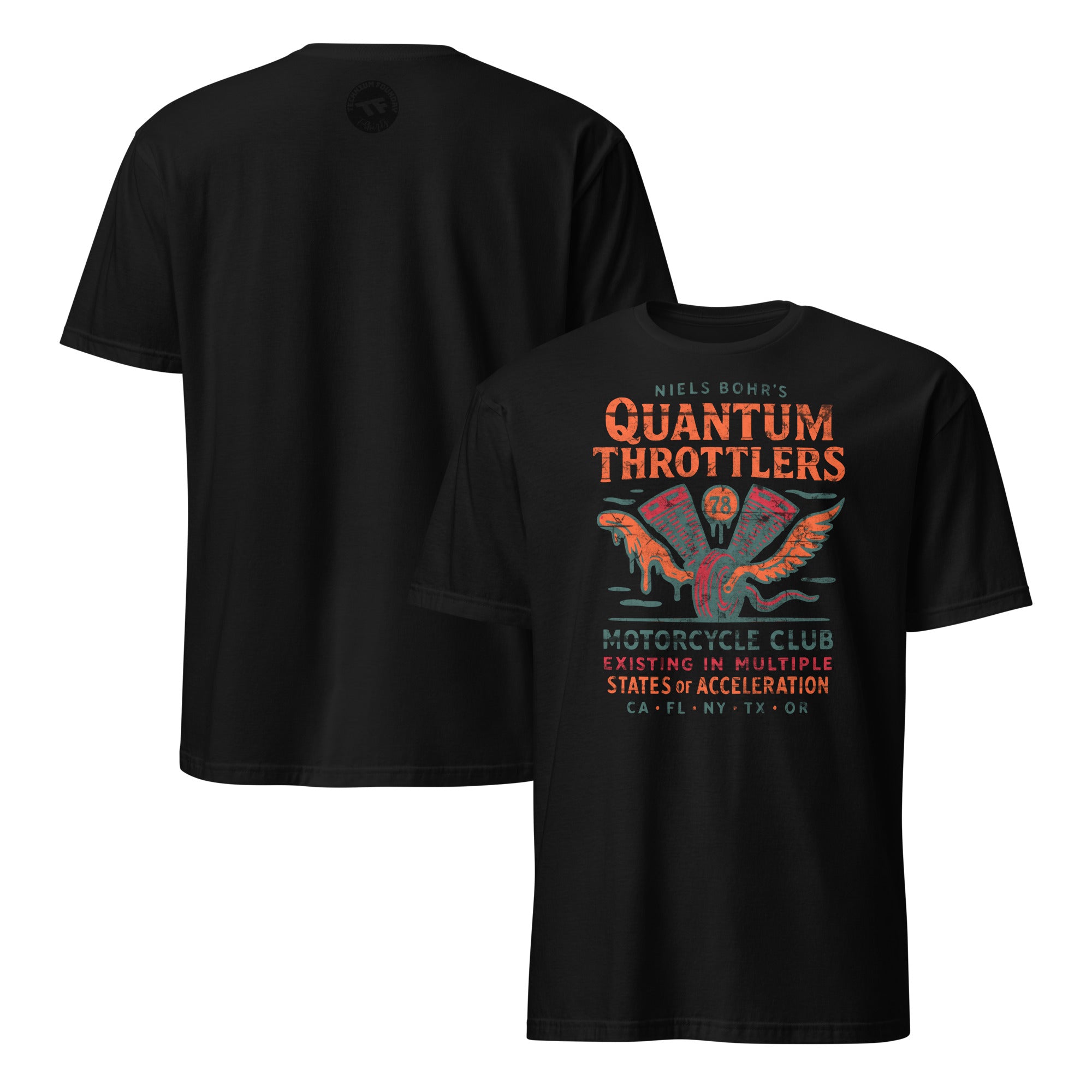 Quantum Throttlers Motorcycle Club T-Shirt featuring Niels Bohr design with winged V-twin engine illustration on black fabric.