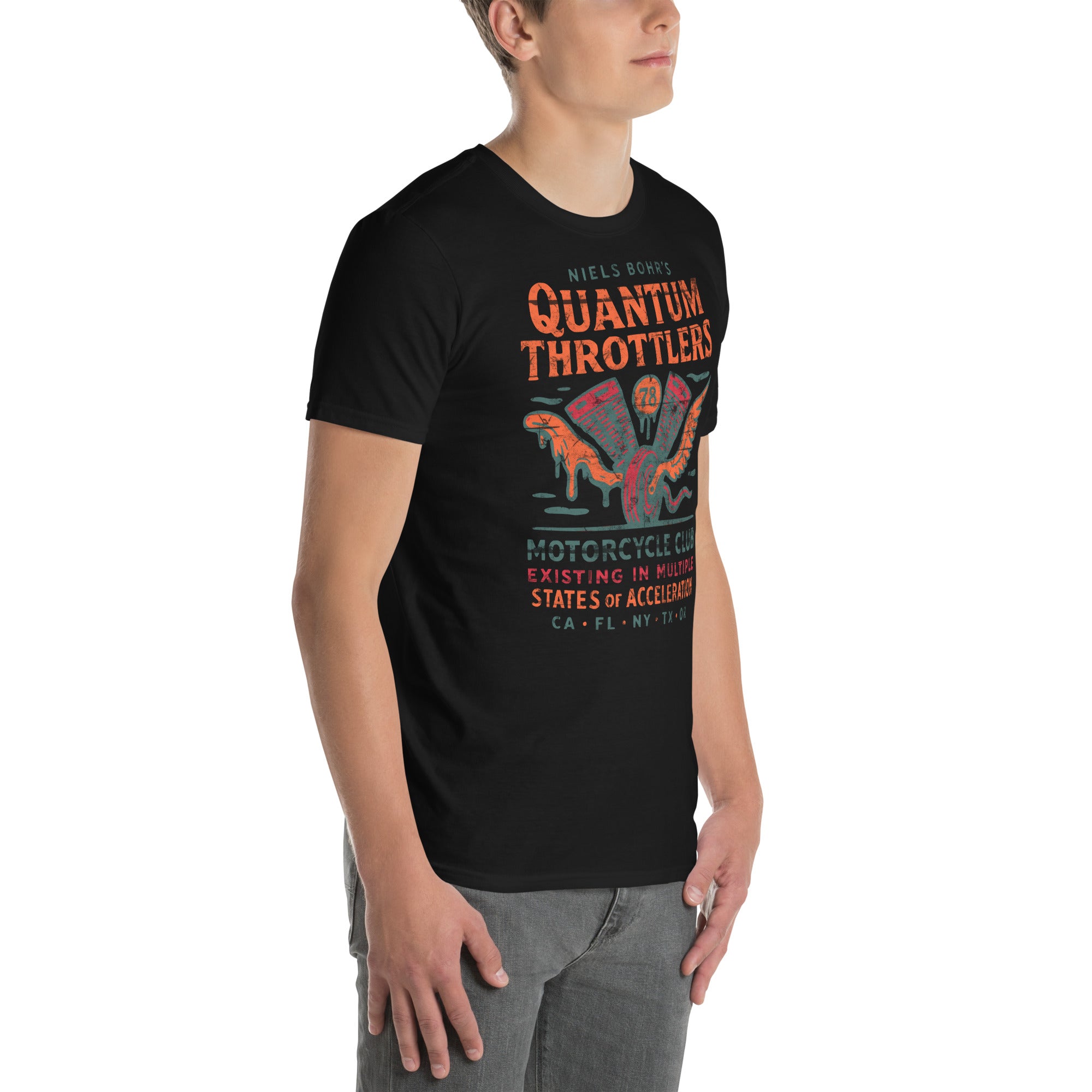 Man wearing Niels Bohr Quantum Throttlers Motorcycle Club t-shirt, black with vintage engine design, physics and biker theme