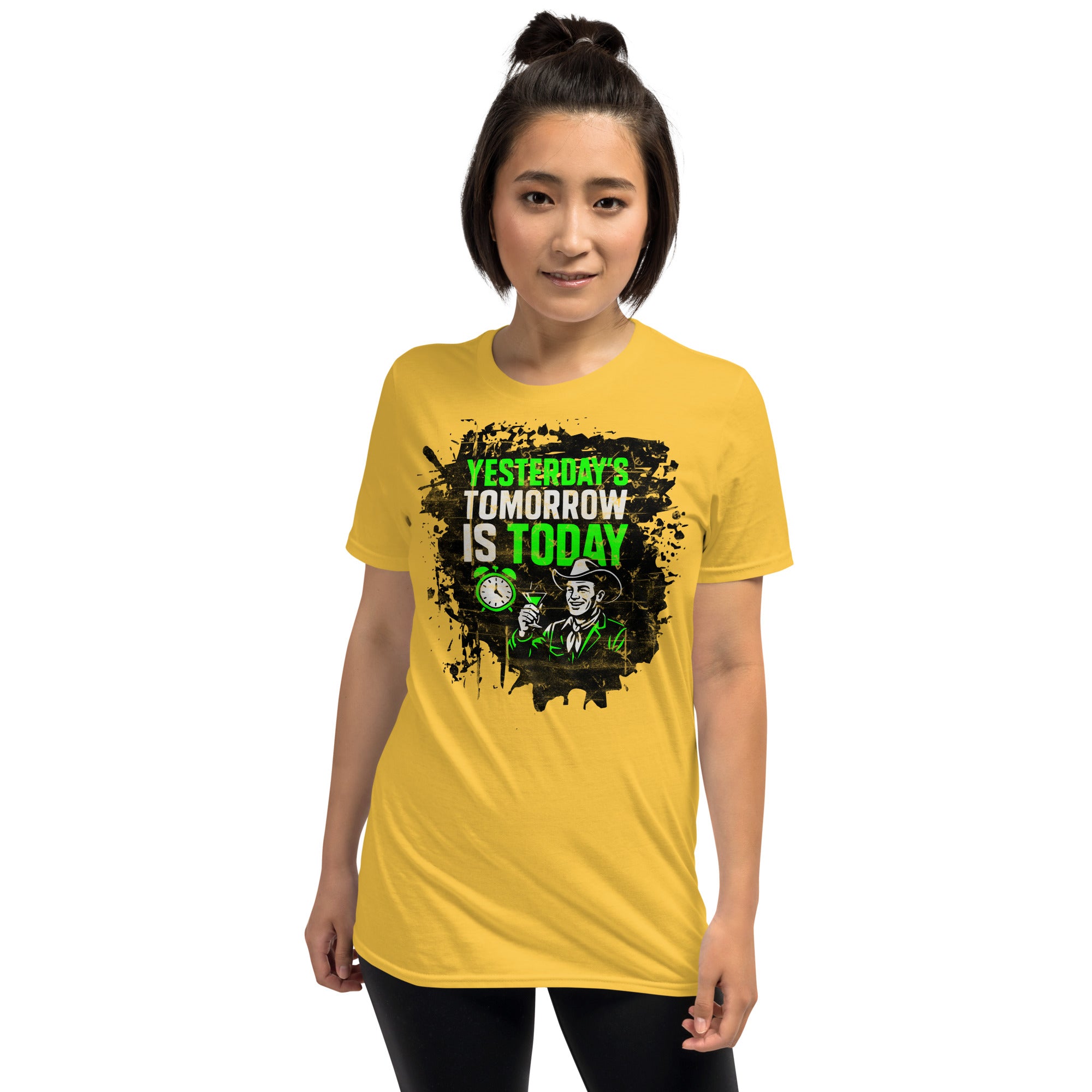 Woman wearing a "Yesterday's Tomorrow Is Today" yellow t-shirt with dystopian design and distressed crimson typography.