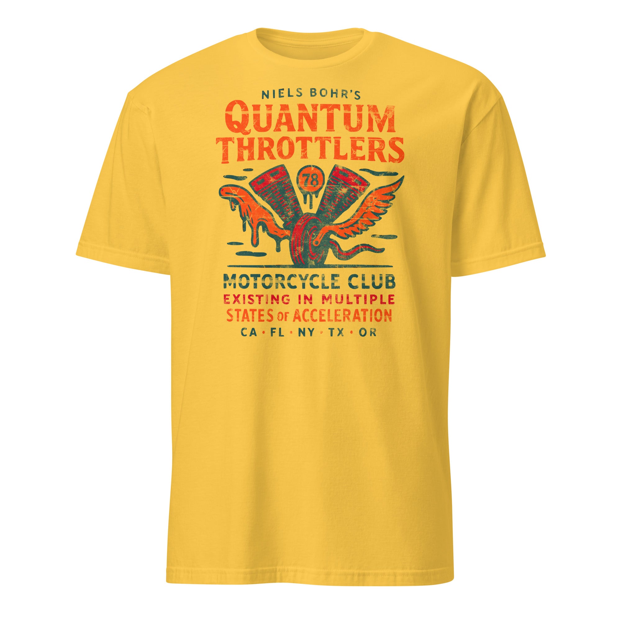 Niels Bohr's Quantum Throttlers Motorcycle Club T-Shirt in yellow featuring winged V-twin engine design and multiple states text