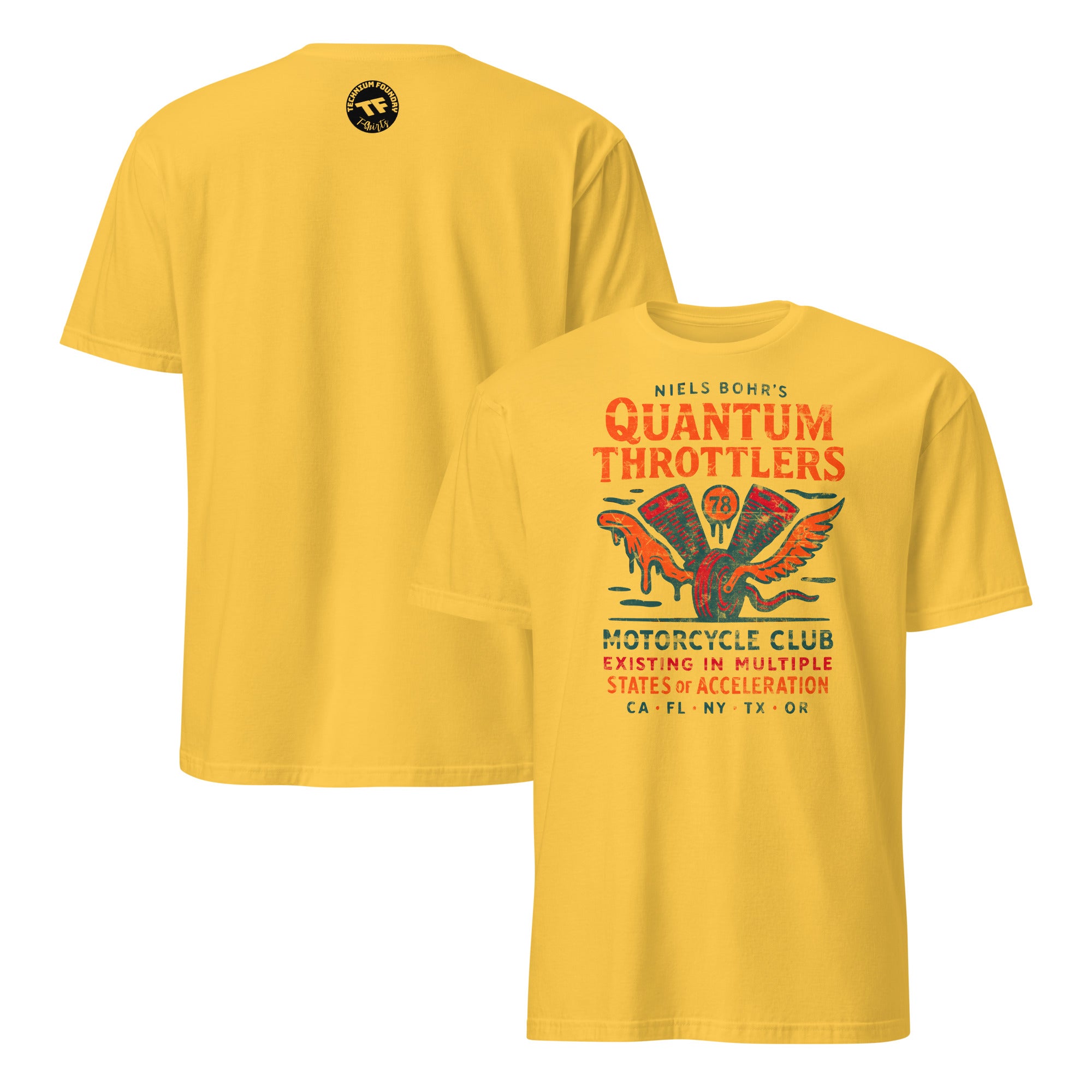 Yellow "Quantum Throttlers" T-shirt featuring a winged V-twin engine design, inspired by Niels Bohr's physics and motorcycle culture.