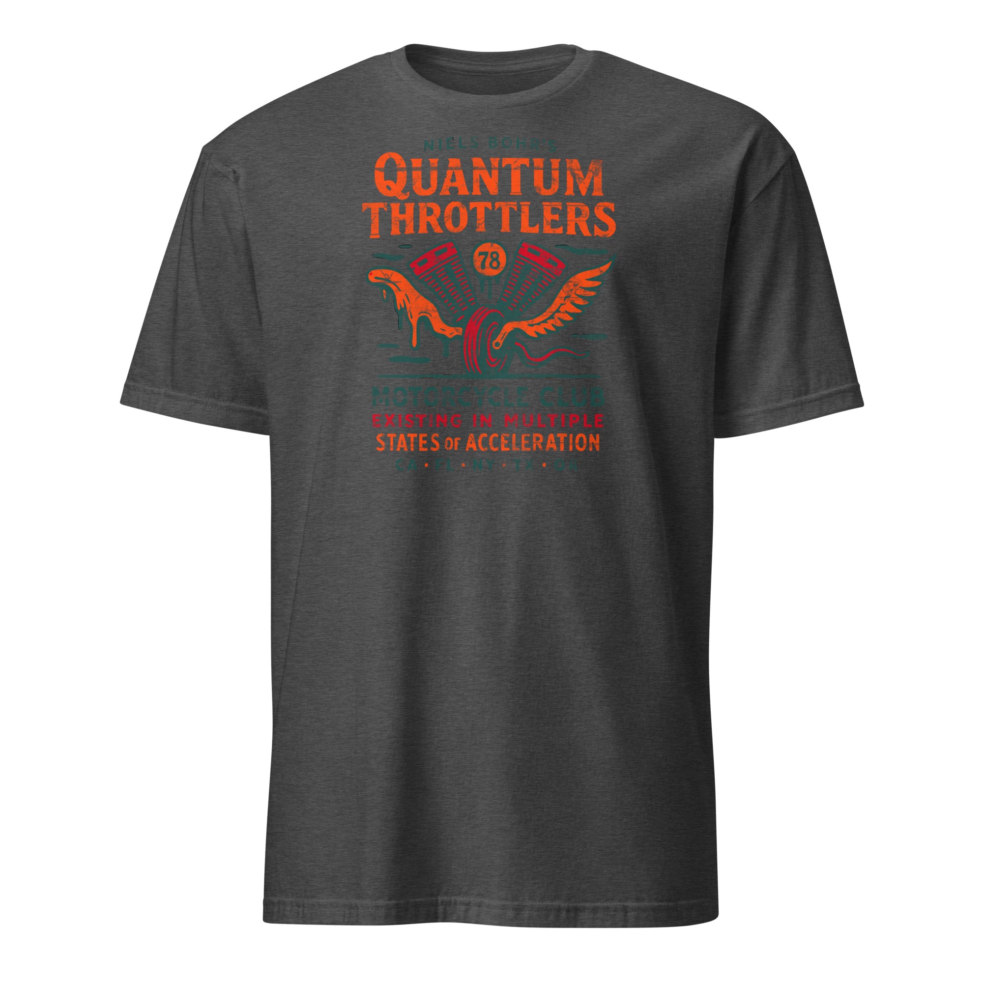 Quantum Throttlers Motorcycle Club T-Shirt with Niels Bohr design, featuring winged V-twin engine, black background.