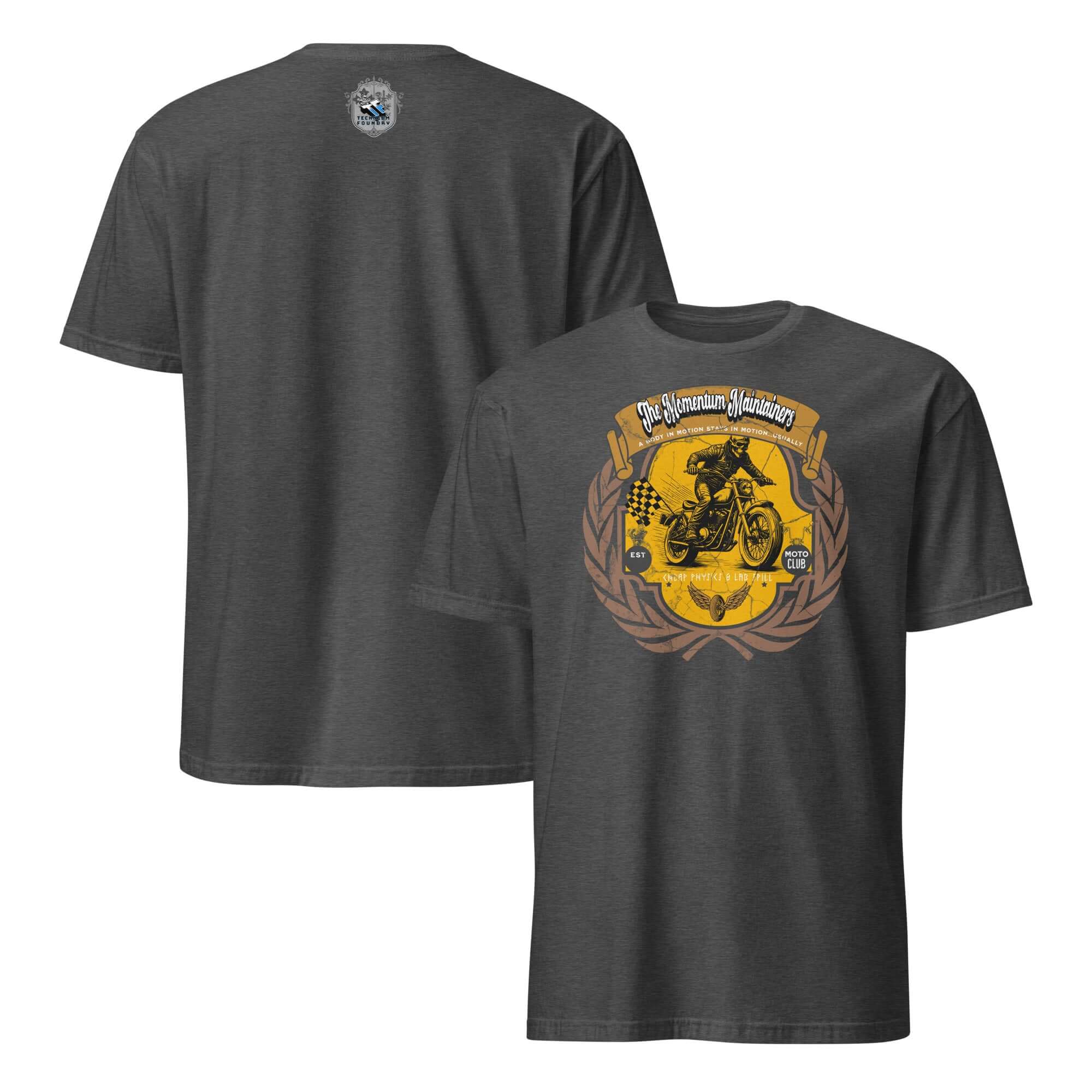 The Momentum Maintainers Motorcycle Club T-Shirt by Newtonian Apparel showcasing a vintage emblem with a rider and scientific theme.