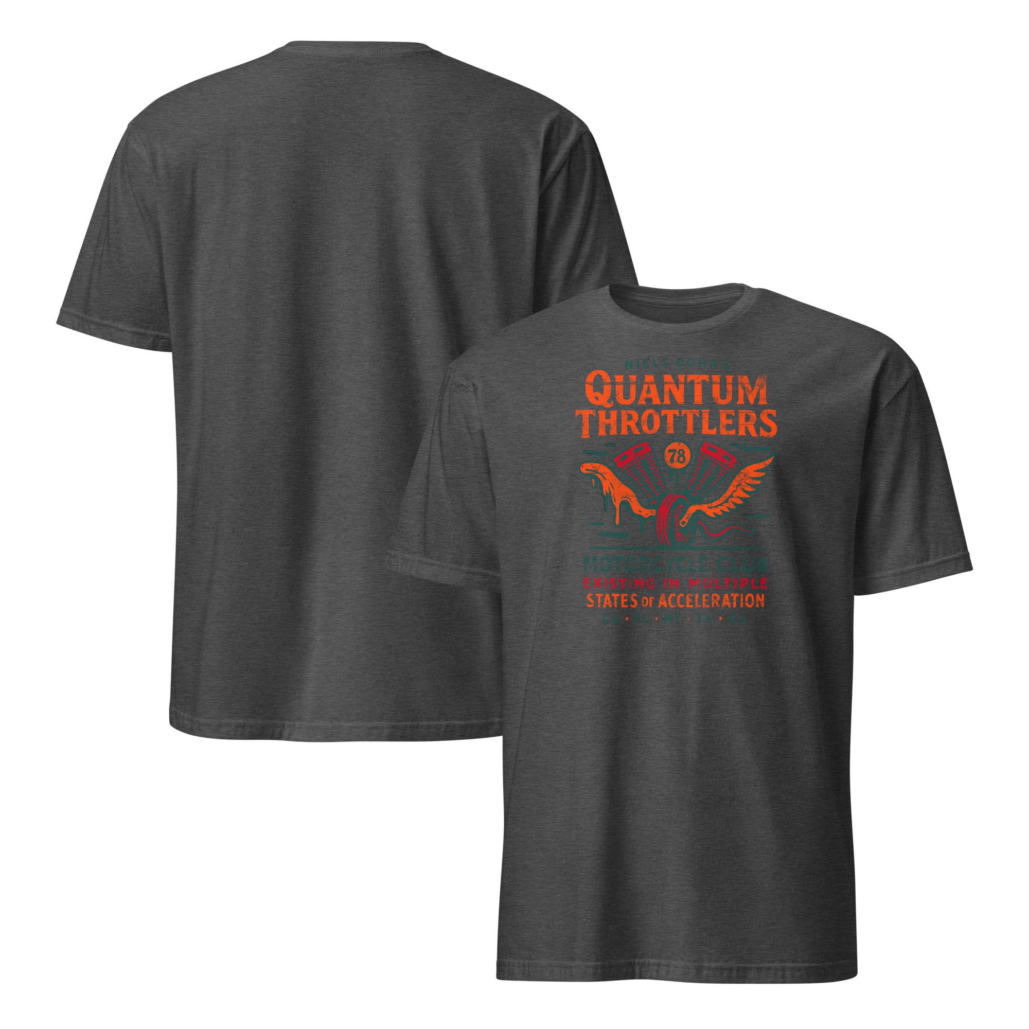 Quantum Throttlers Motorcycle Club t-shirt featuring a winged V-twin engine design inspired by Niels Bohr's quantum mechanics.