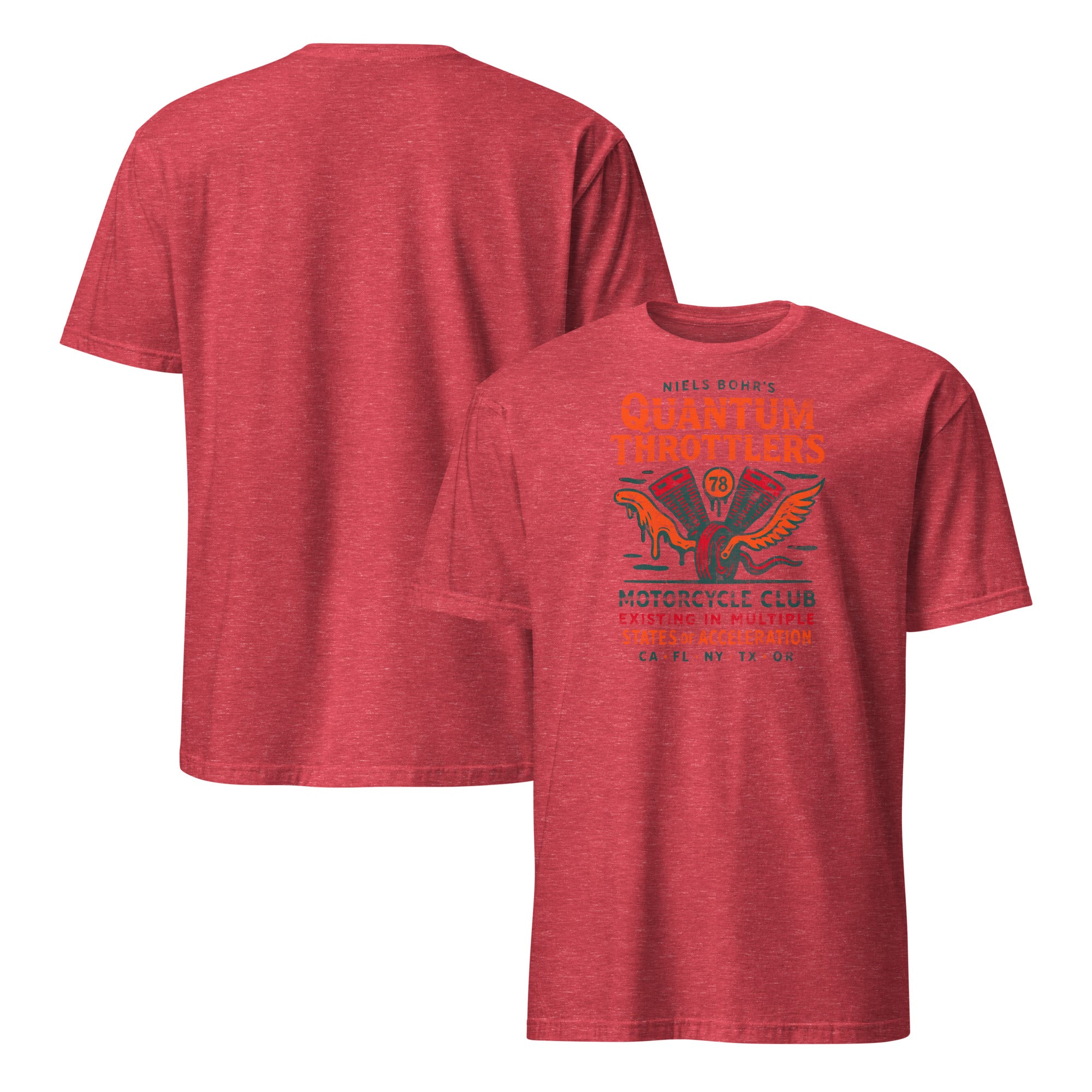 Quantum Throttlers Motorcycle Club T-Shirt featuring Niels Bohr physics theme with winged V-twin engine design on red fabric.