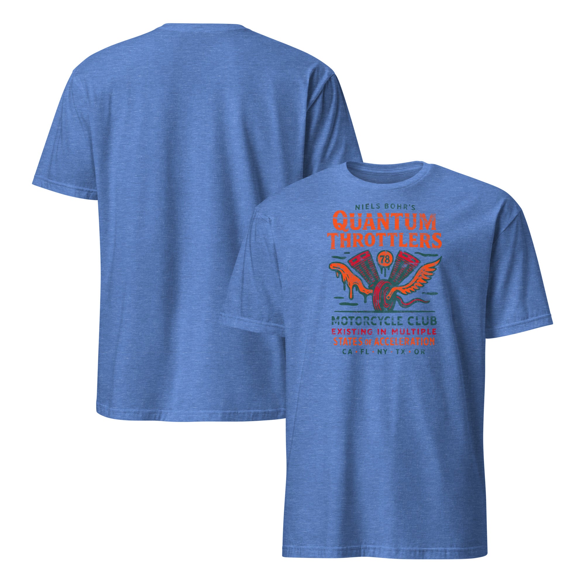 Quantum Throttlers Motorcycle Club T-Shirt featuring Niels Bohr Physics Design, blue with winged V-twin engine illustration.