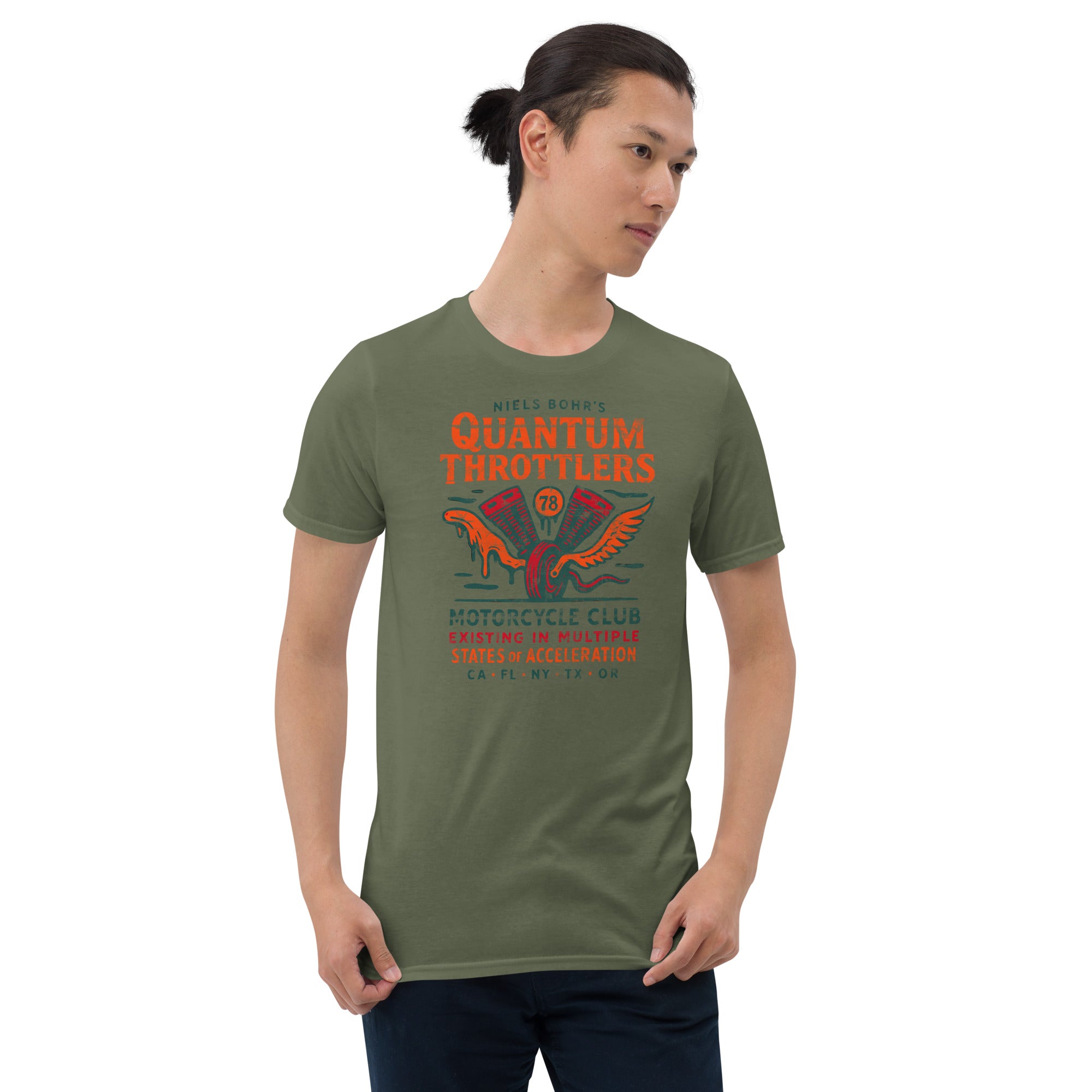Niels Bohr Quantum Throttlers Motorcycle Club T-Shirt with V-twin engine design, perfect for physics enthusiasts and bikers.