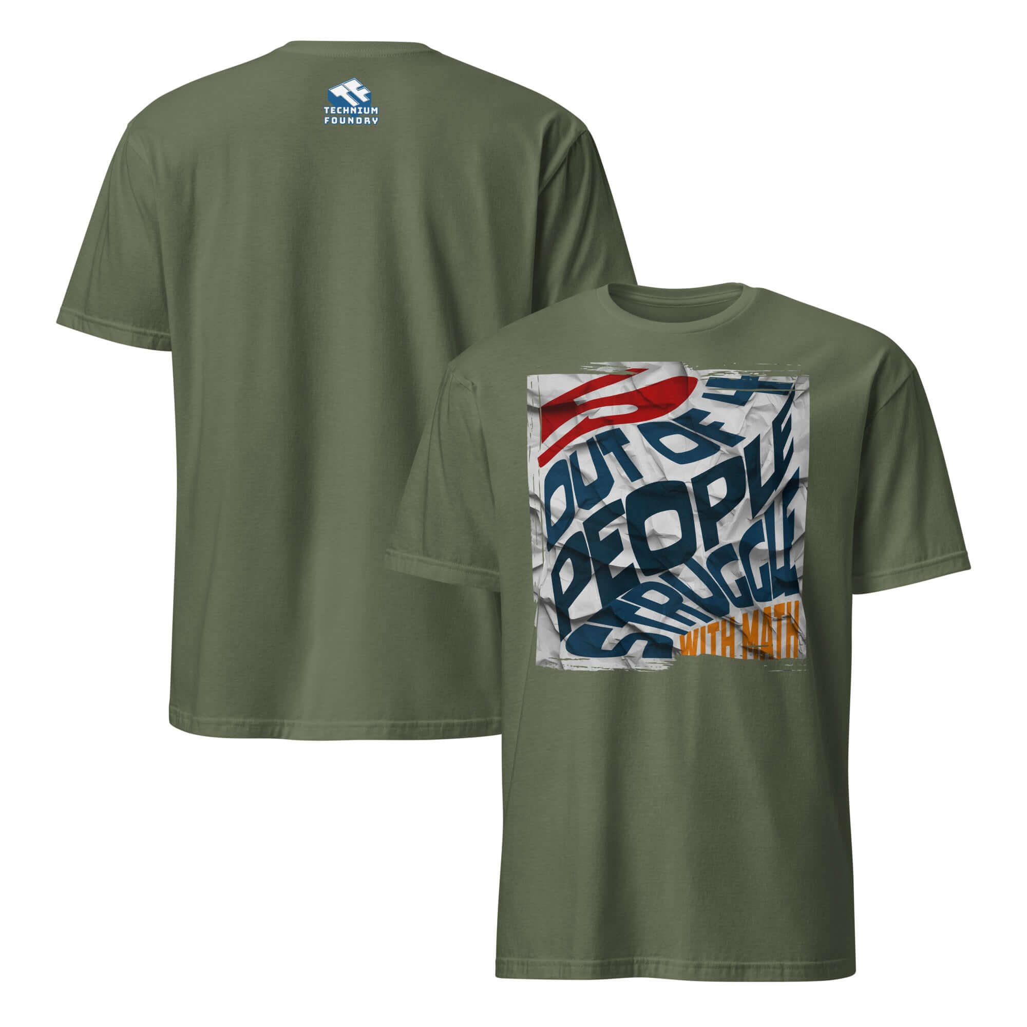 "5 Out Of 4 People Struggle With Math" T-shirt in green, showcasing mathematical humor and paradox design on the back.