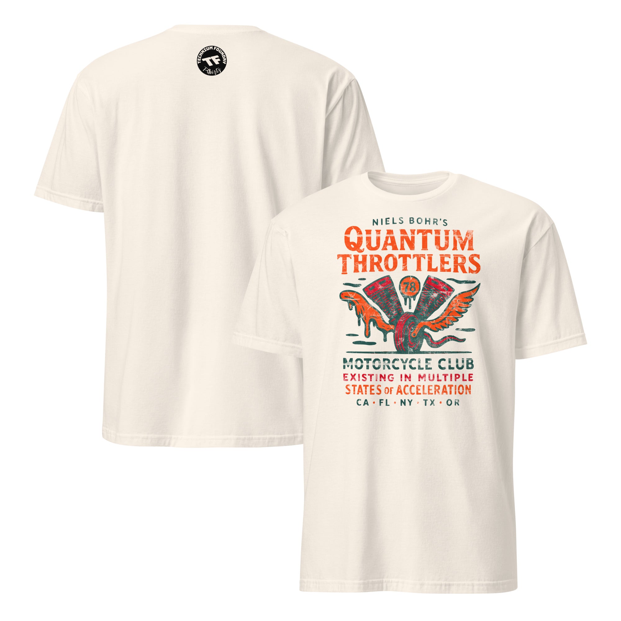 Quantum Throttlers Motorcycle Club T-shirt with Niels Bohr physics and winged V-twin engine design, front and back view.