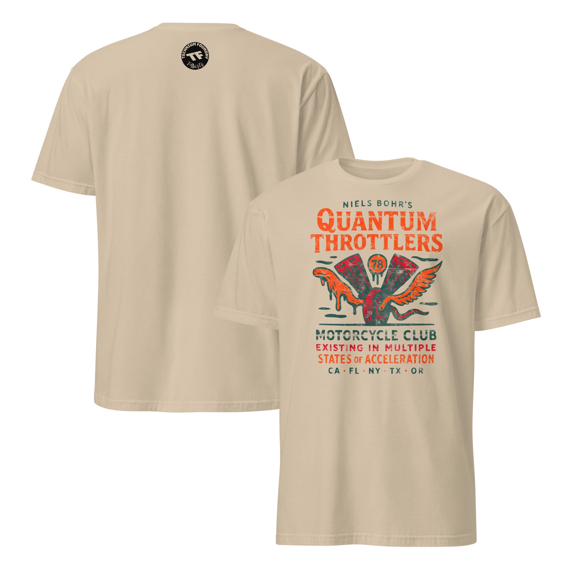 Niels Bohr's Quantum Throttlers Motorcycle Club T-shirt with winged V-twin engine design, blending physics and biking.