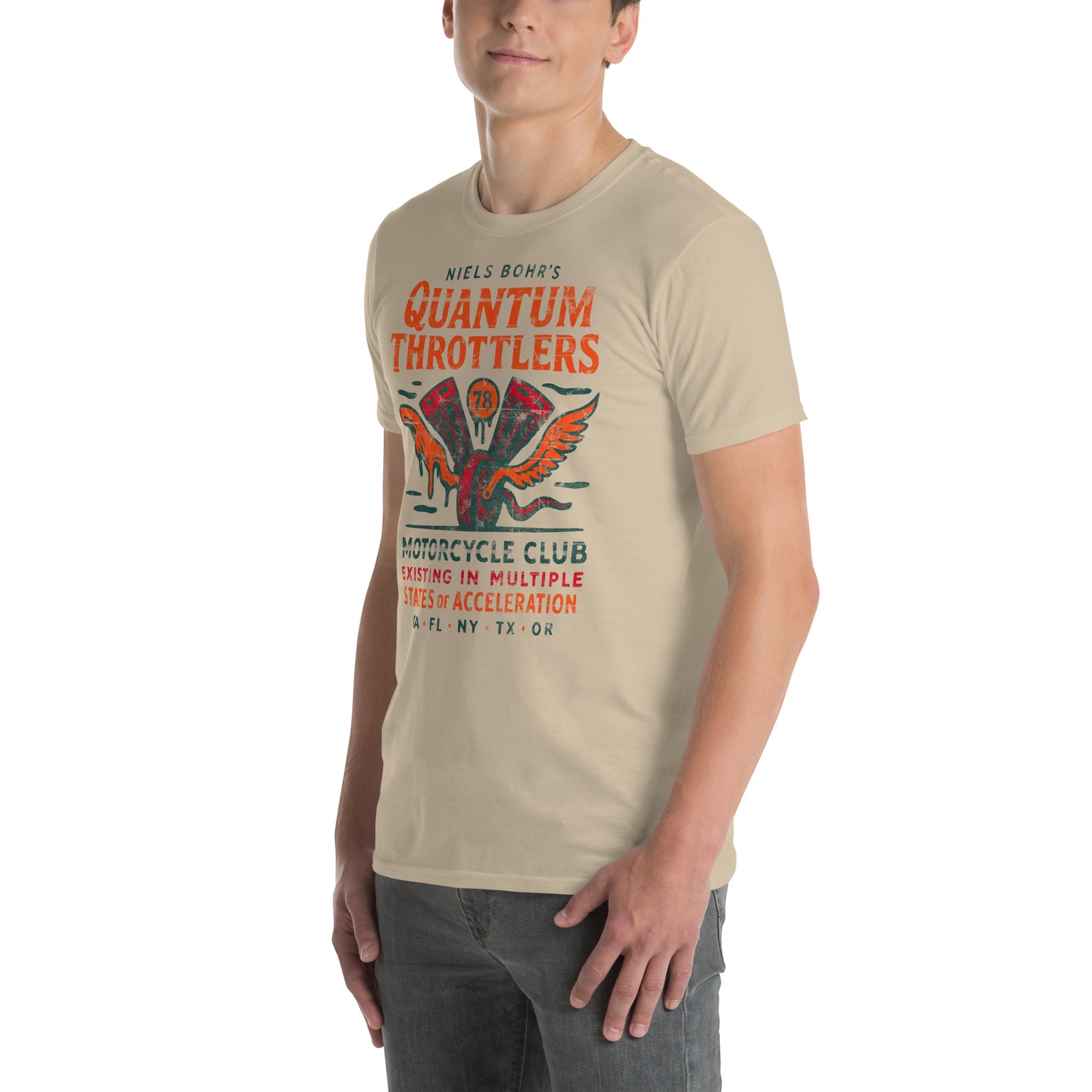 Niels Bohr Quantum Throttlers Motorcycle Club T-Shirt featuring winged V-twin engine design for physics and motorcycle enthusiasts.