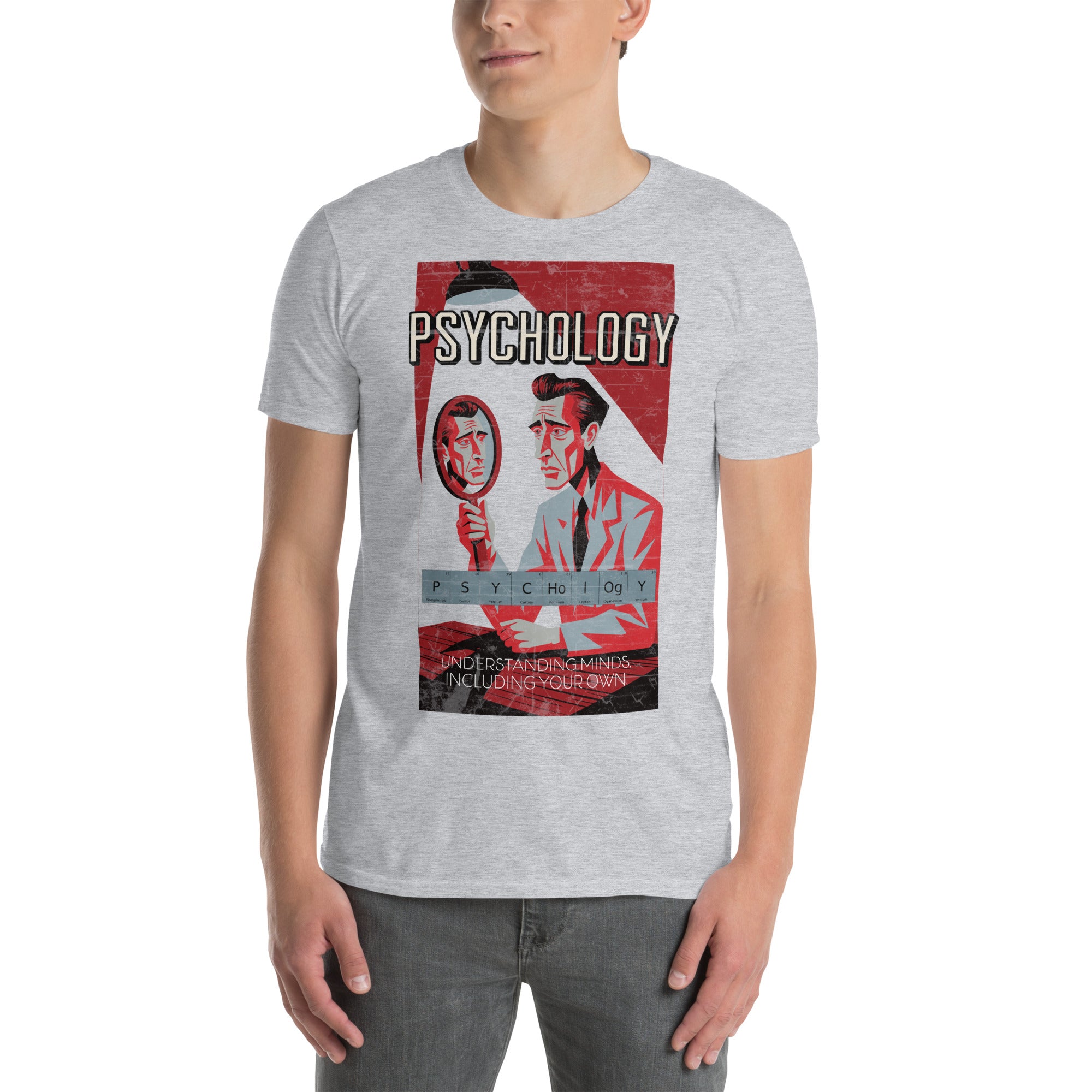 Gray psychology T-shirt featuring vintage graphic and text 'Understanding Minds, Including Your Own' in retro style.