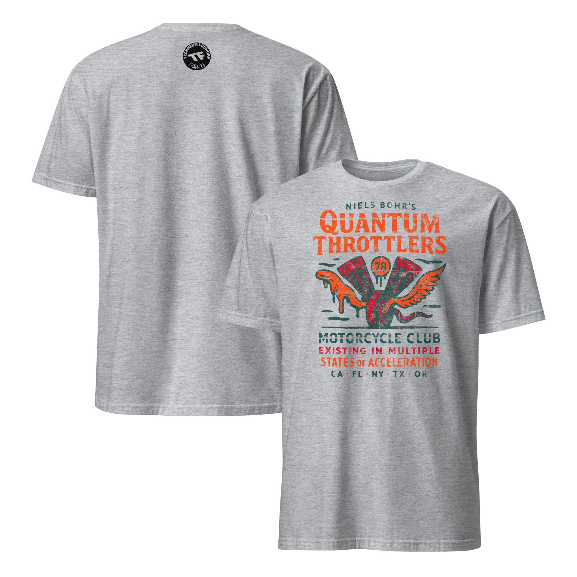 Niels Bohr Quantum Throttlers Motorcycle Club T-shirt with winged V-twin engine design, perfect for science and biking enthusiasts.