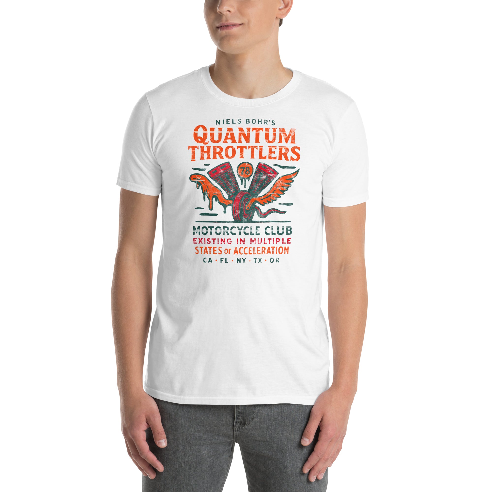 Man wearing Quantum Throttlers Motorcycle Club T-Shirt with Niels Bohr design and winged V-twin engine graphic.