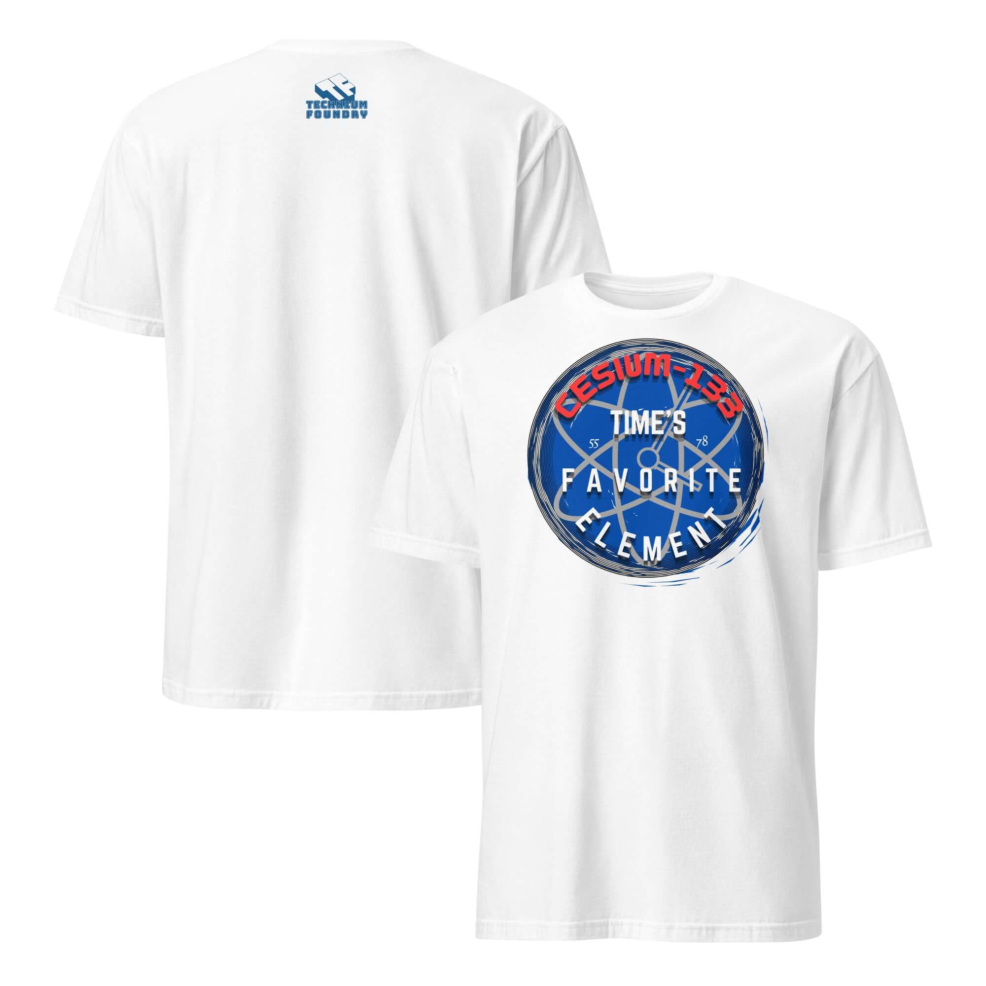 Cesium-133 Atomic Clock T-Shirt with blue timekeeping element design for ultimate precision.