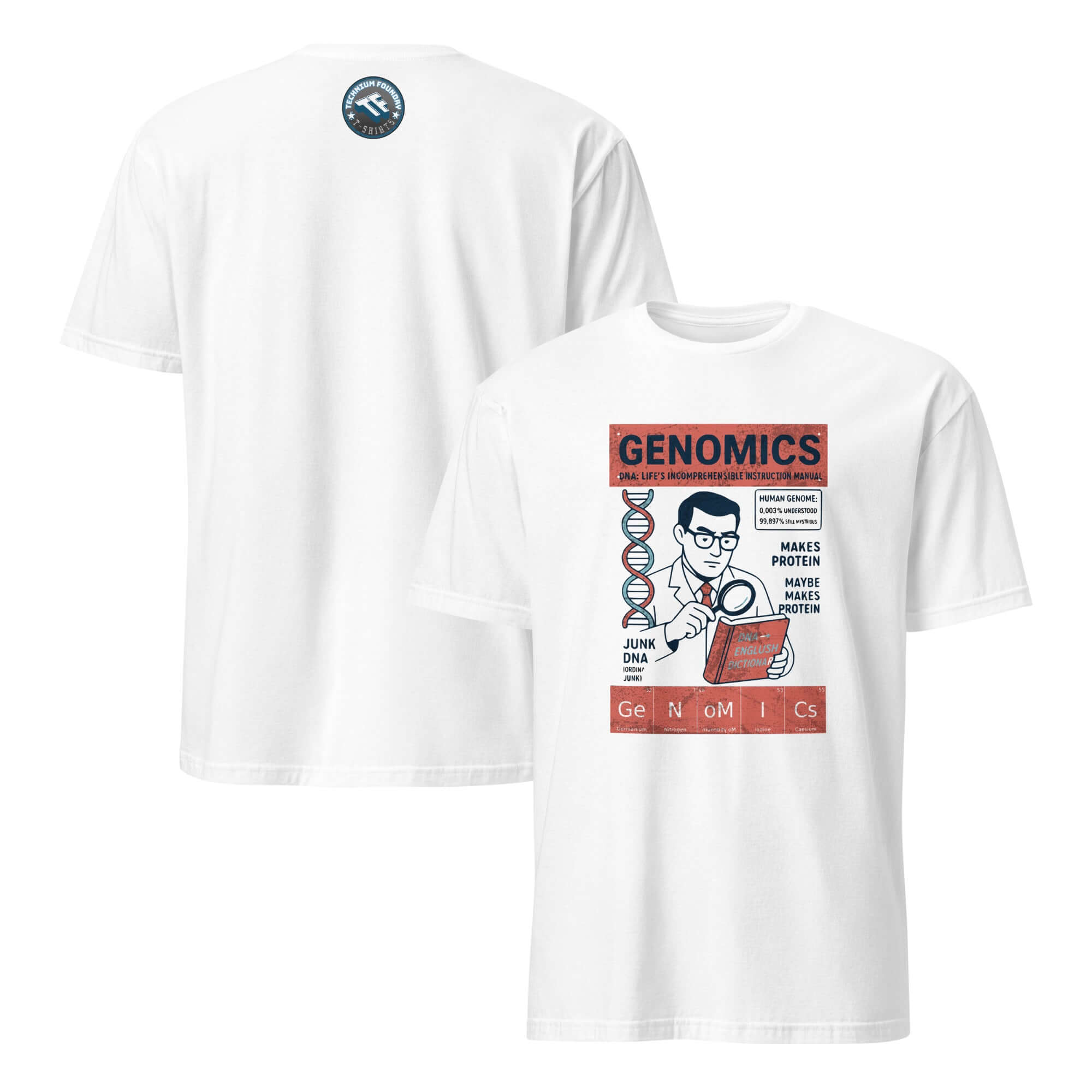 Genomics T-Shirt with retro 'Reading Genetic Code Occasionally Successfully' design on white fabric.