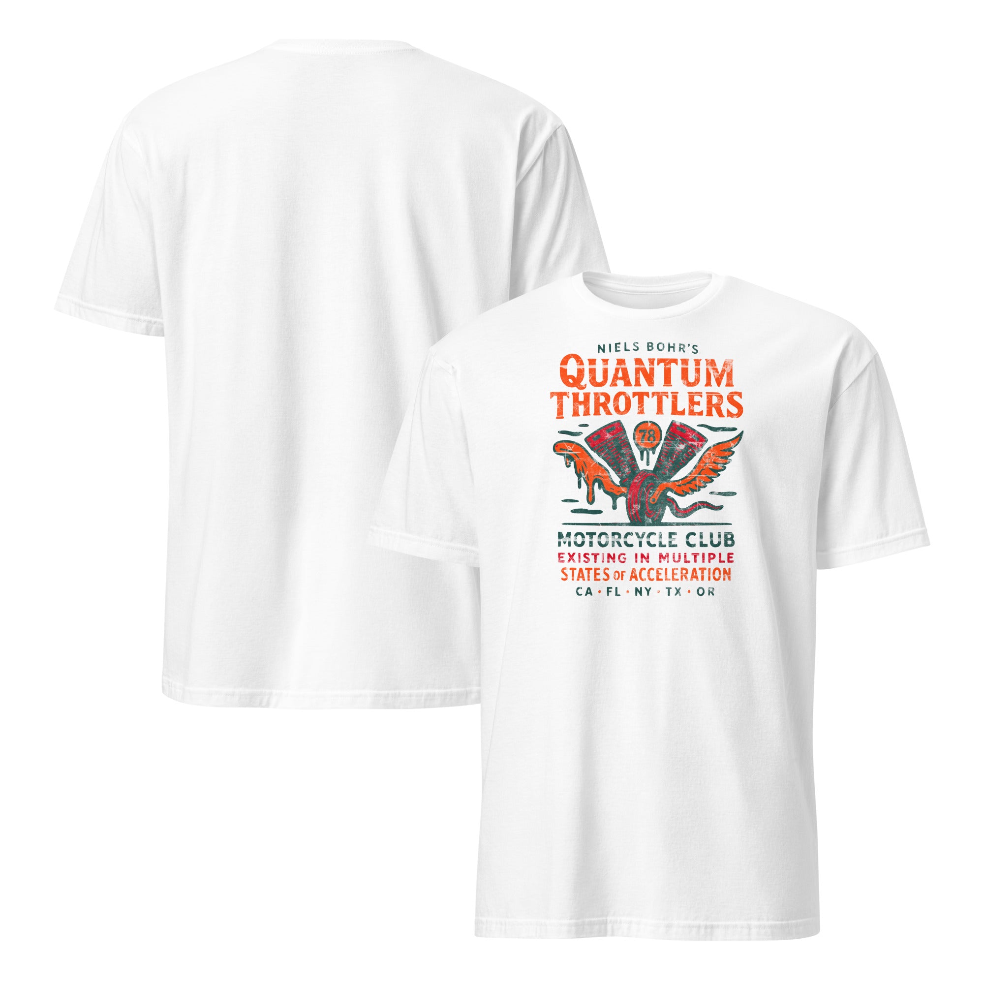 Quantum Throttlers Motorcycle Club T-Shirt featuring Niels Bohr design with winged V-twin engine graphic on white cotton background.