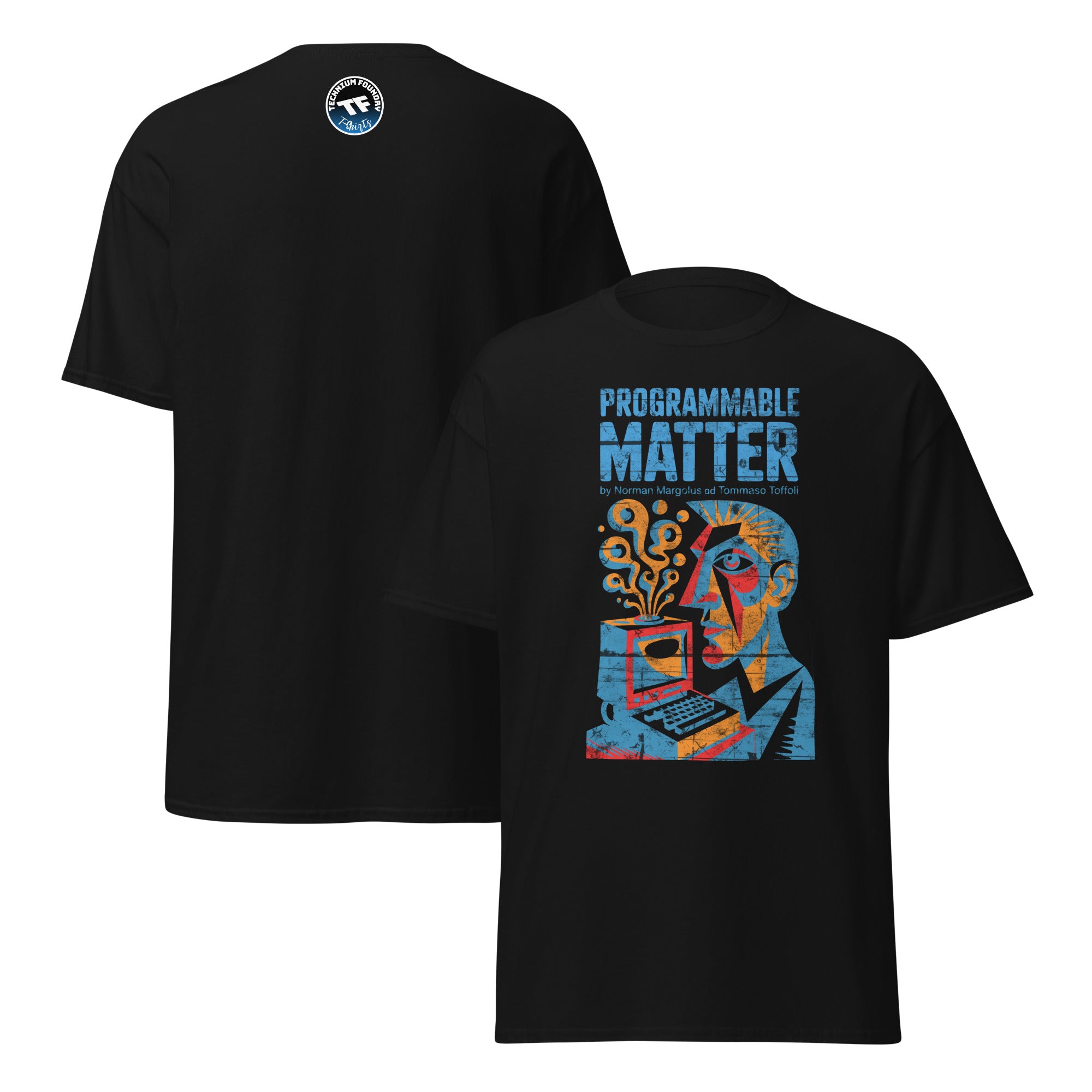 Alt Tag: "Black Computronium Programmable Matter T-Shirt with vibrant abstract physics design, featuring a colorful, modern graphic on the front."
