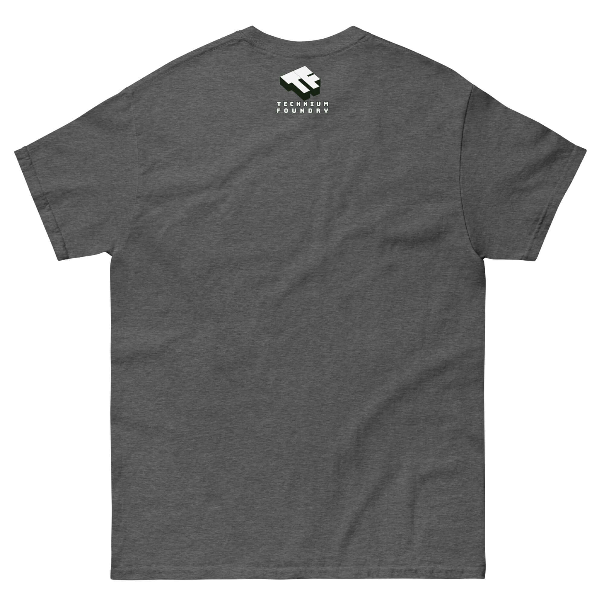 Gray T-shirt back view with small logo at the top showing clean and minimalist design.