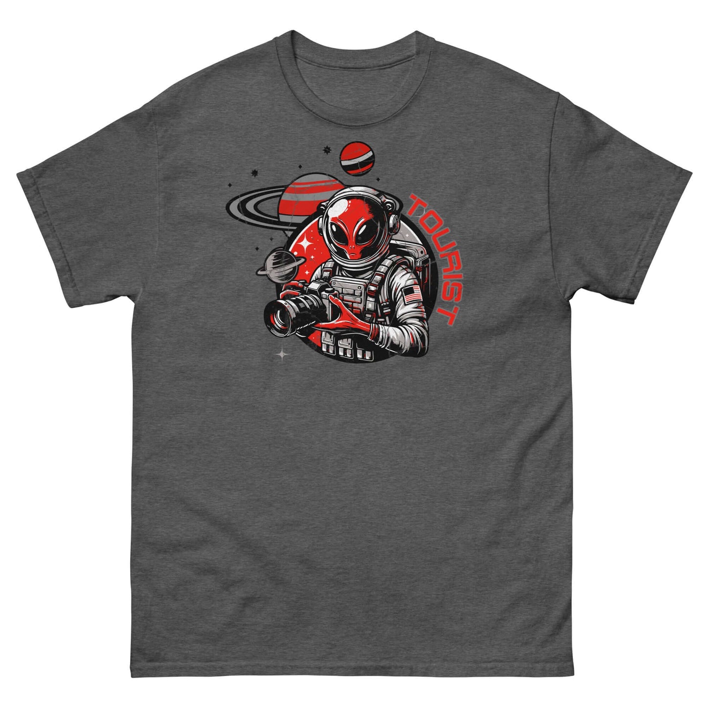 Space Tourist T-Shirt with alien taking photos at Saturn's rings, vacation theme on dark gray tee, Red Planet Explorer design