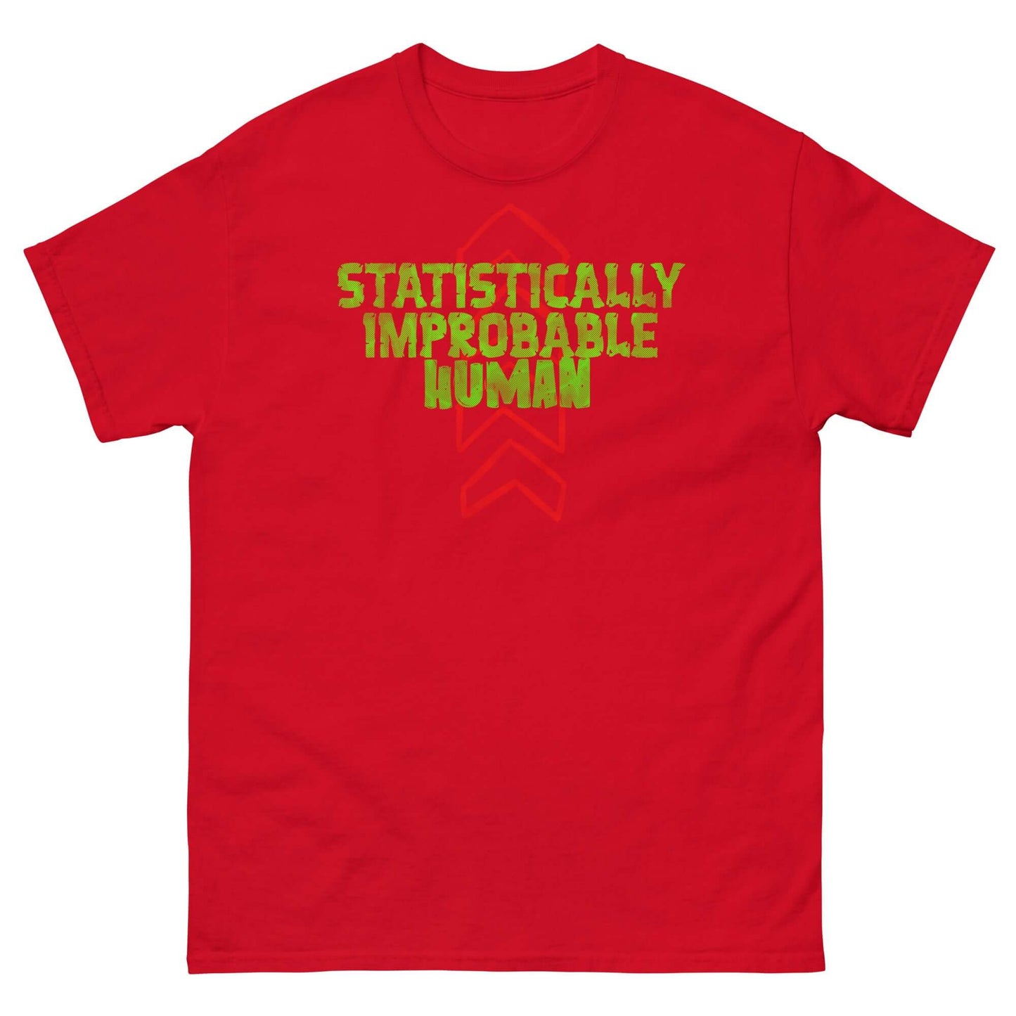 Red t-shirt with "Statistically Improbable Human" in green text and red arrows, perfect for math and science enthusiasts.