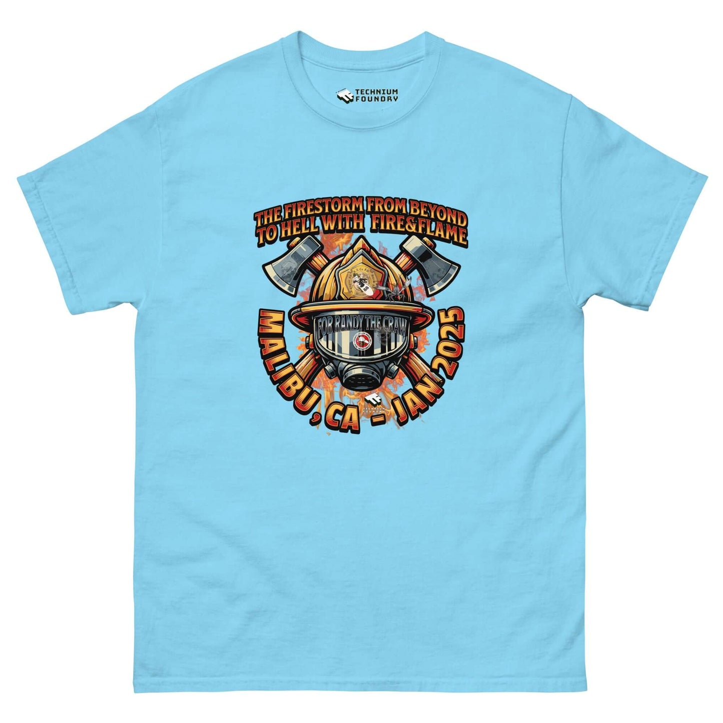 Light blue LAFD support t-shirt with firefighter helmet and axes graphic, text "The Firestorm From Beyond," honoring Malibu bravery.