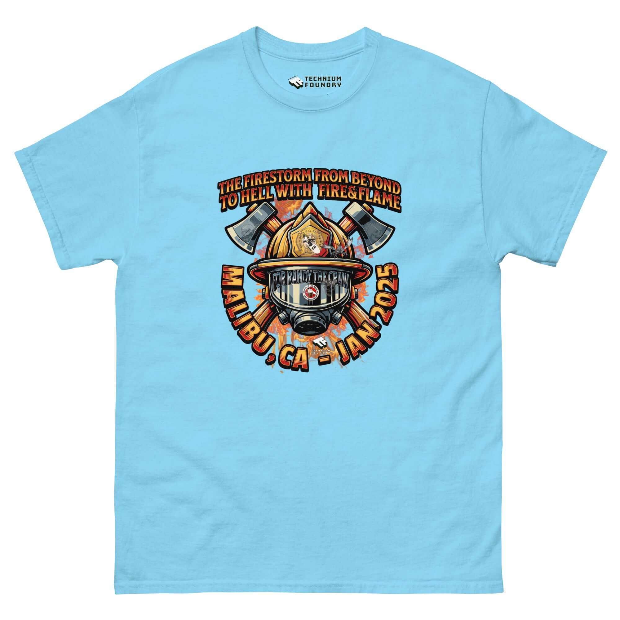 Light blue LAFD support t-shirt with firefighter helmet and axes graphic, text "The Firestorm From Beyond," honoring Malibu bravery.