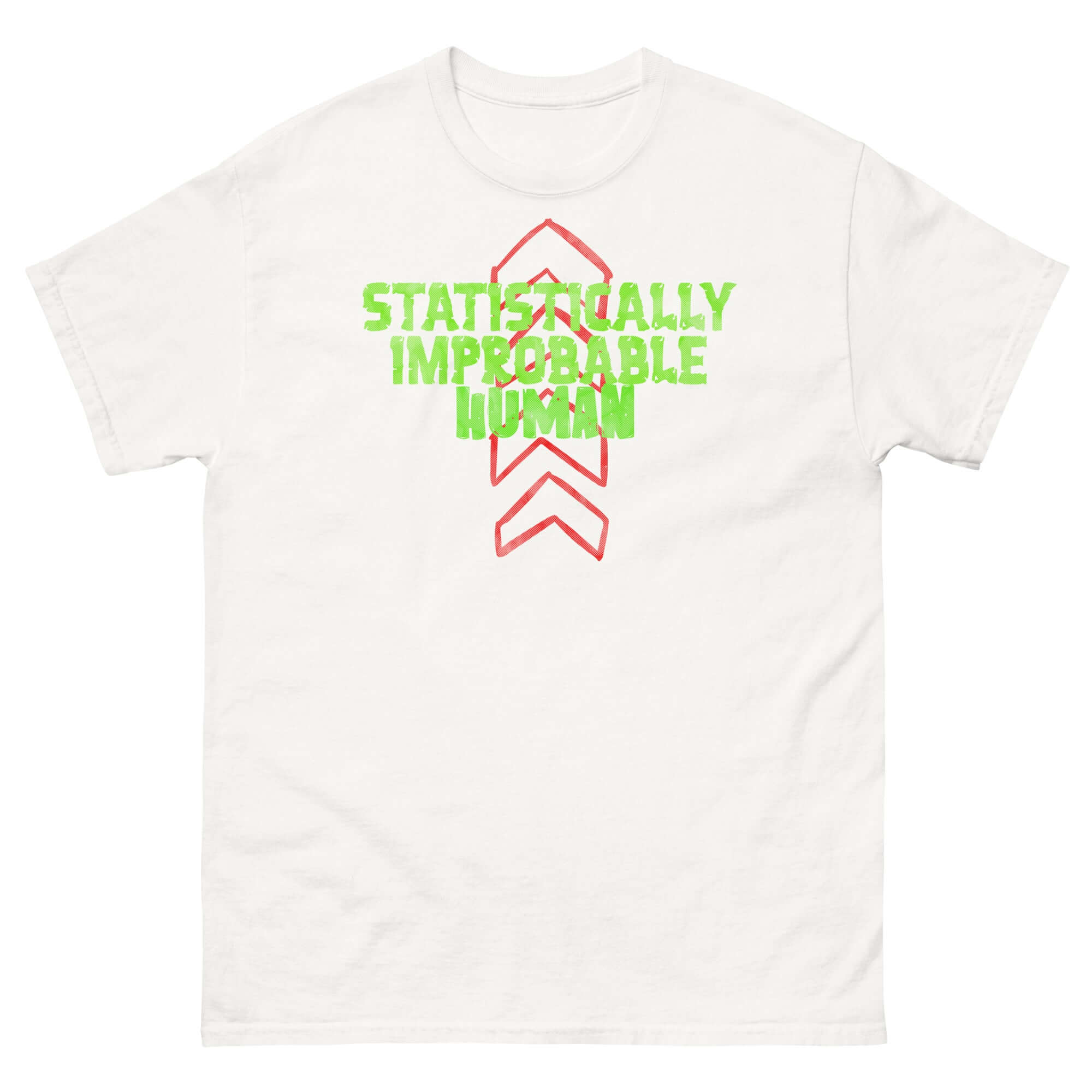 Statistically Improbable Human T-Shirt with green text and red arrows, minimalist science math design.