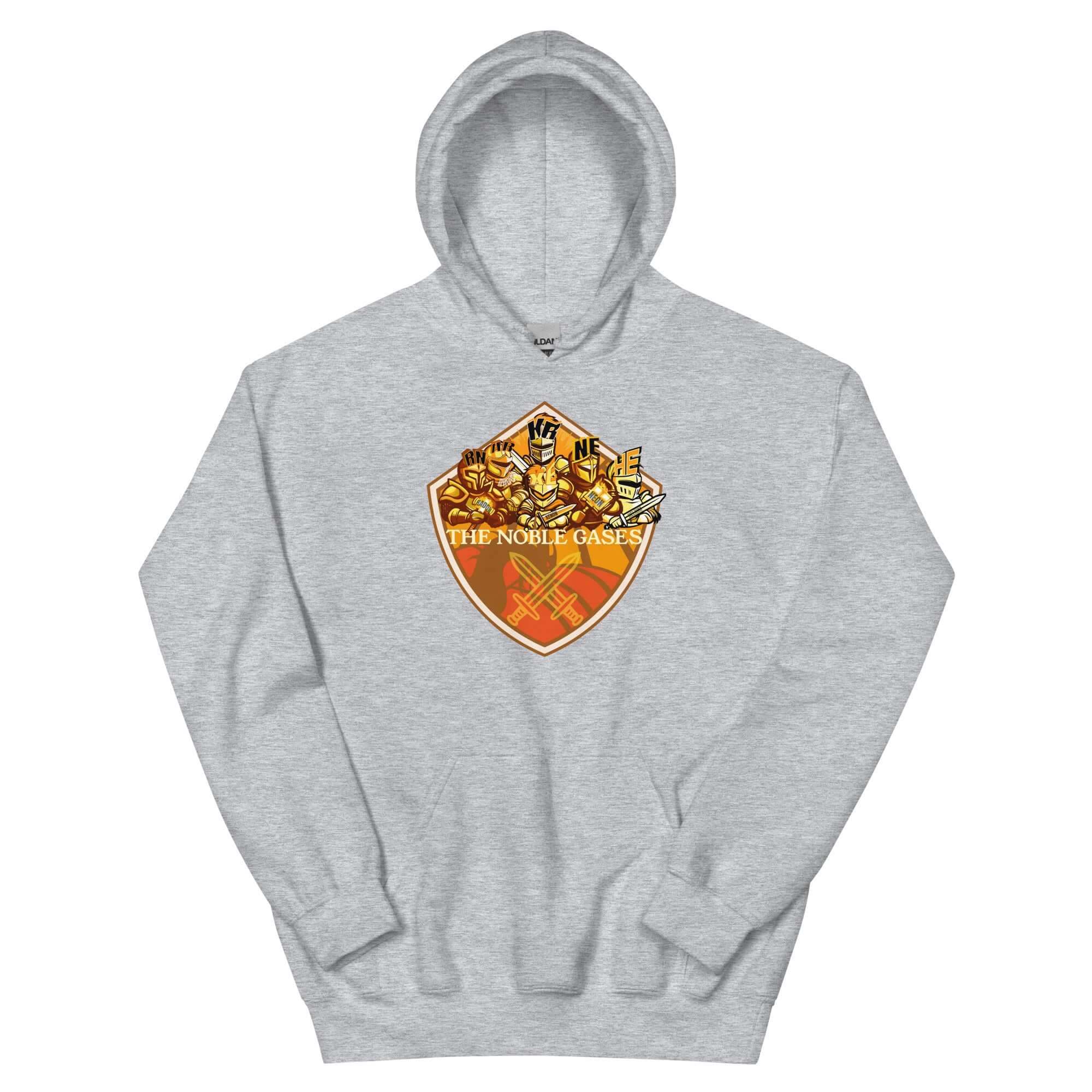 Noble Gases Hoodie with Periodic Table Elements Shield on gray fabric representing unreactive style.