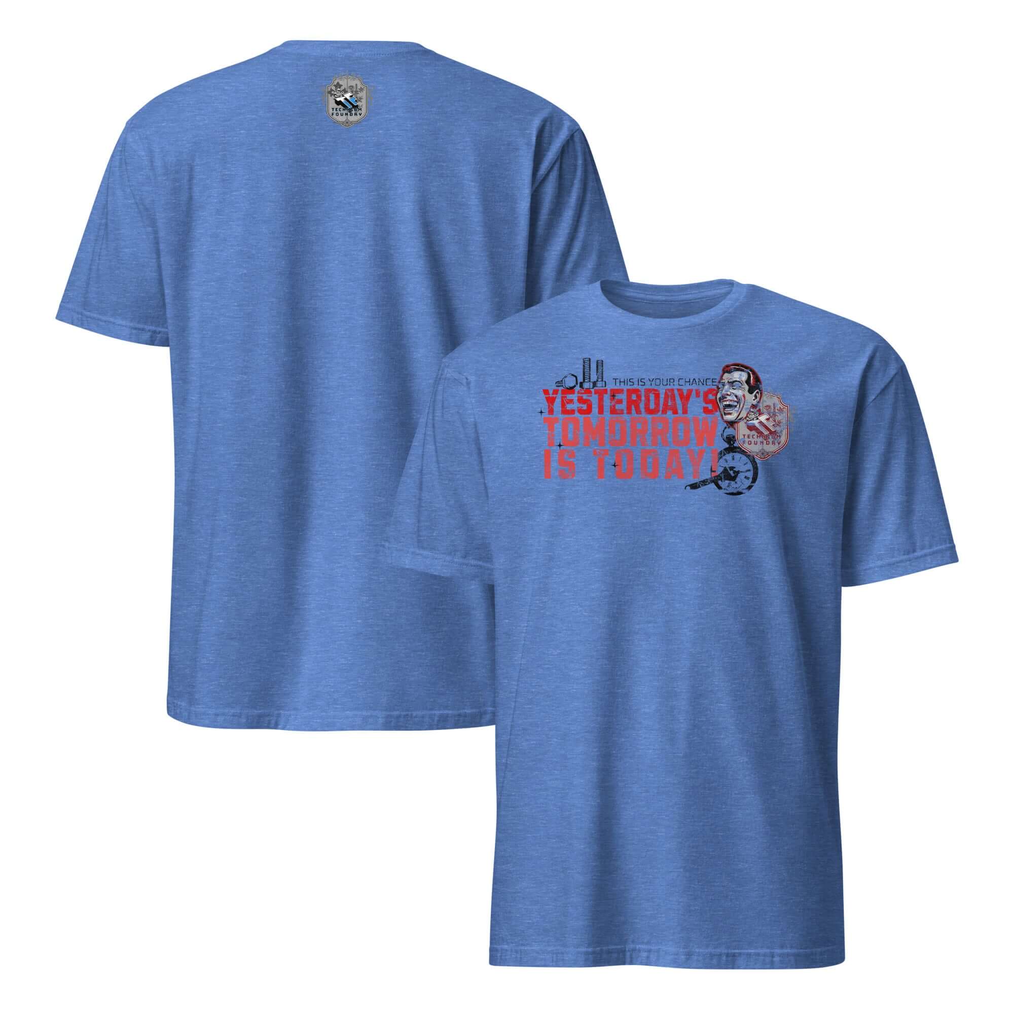 "Yesterday's Tomorrow Is Today" dystopian t-shirt with disintegrating crimson text and industrial graphics on a blue shirt.